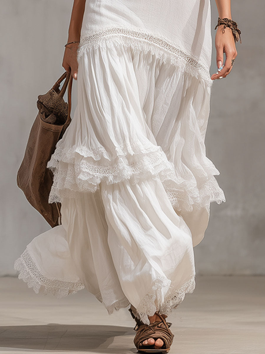 V-neck Lace Trim Cotton And Linen Sleeveless Maxi Dress