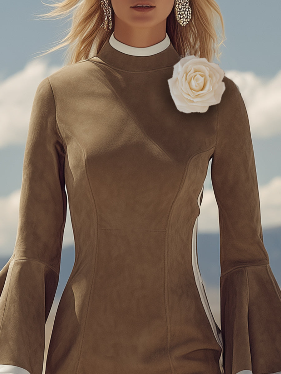 Casual Retro 3D Floral White Trim Khaki Faux Suede Midi Dress