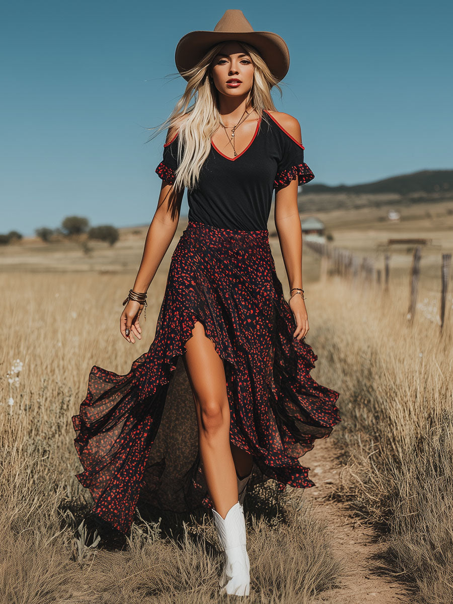 V-neck Off-the-shoulder Short-sleeved Top And Long Skirt Set