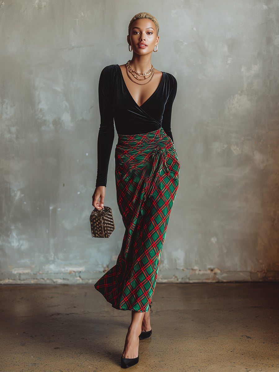 Retro Elegant Plaid Print Black Velvet Maxi Dress