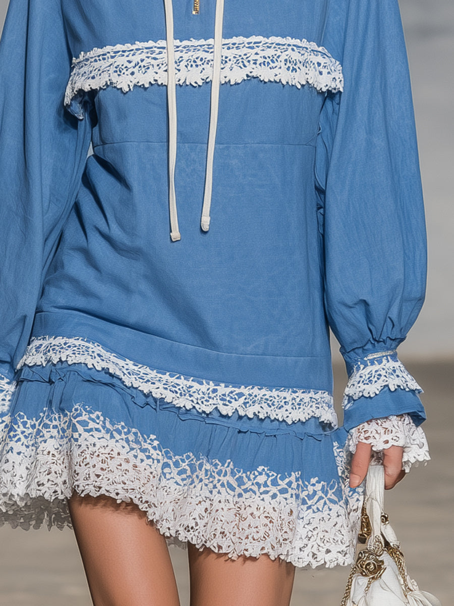Elegant Blue Linen Zip-up Hooded With White Lace Detailing Mini Dress