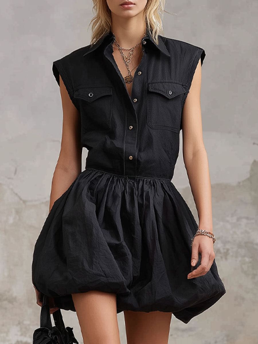 Lapel Collar Double-pocket Cotton And Linen Blend Sleeveless Mini Dress