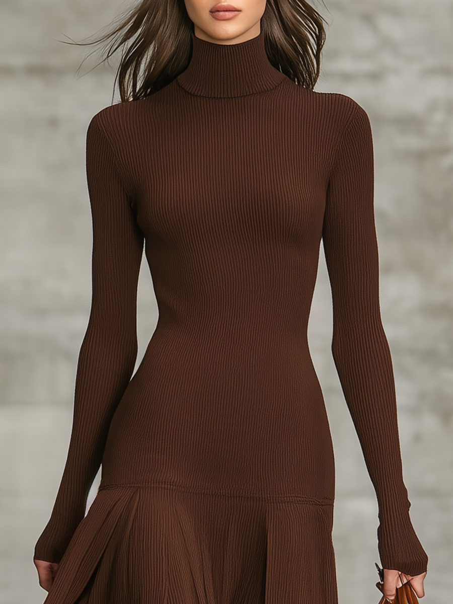 Retro Stand-up Collar Lace Hem Ribbed Midi Dress