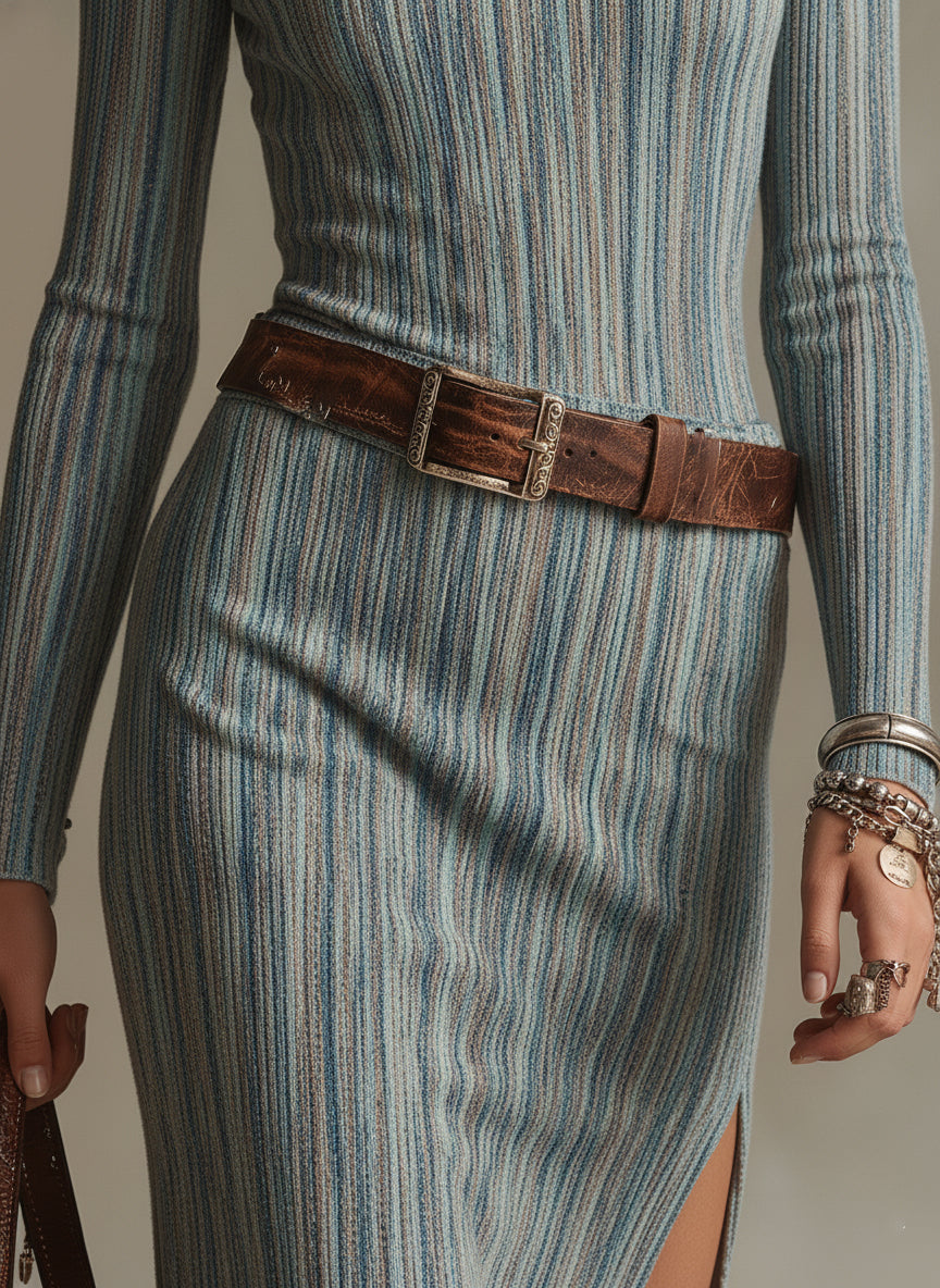 Trendy And Unique Blue Striped Denim Slit Midi Dress