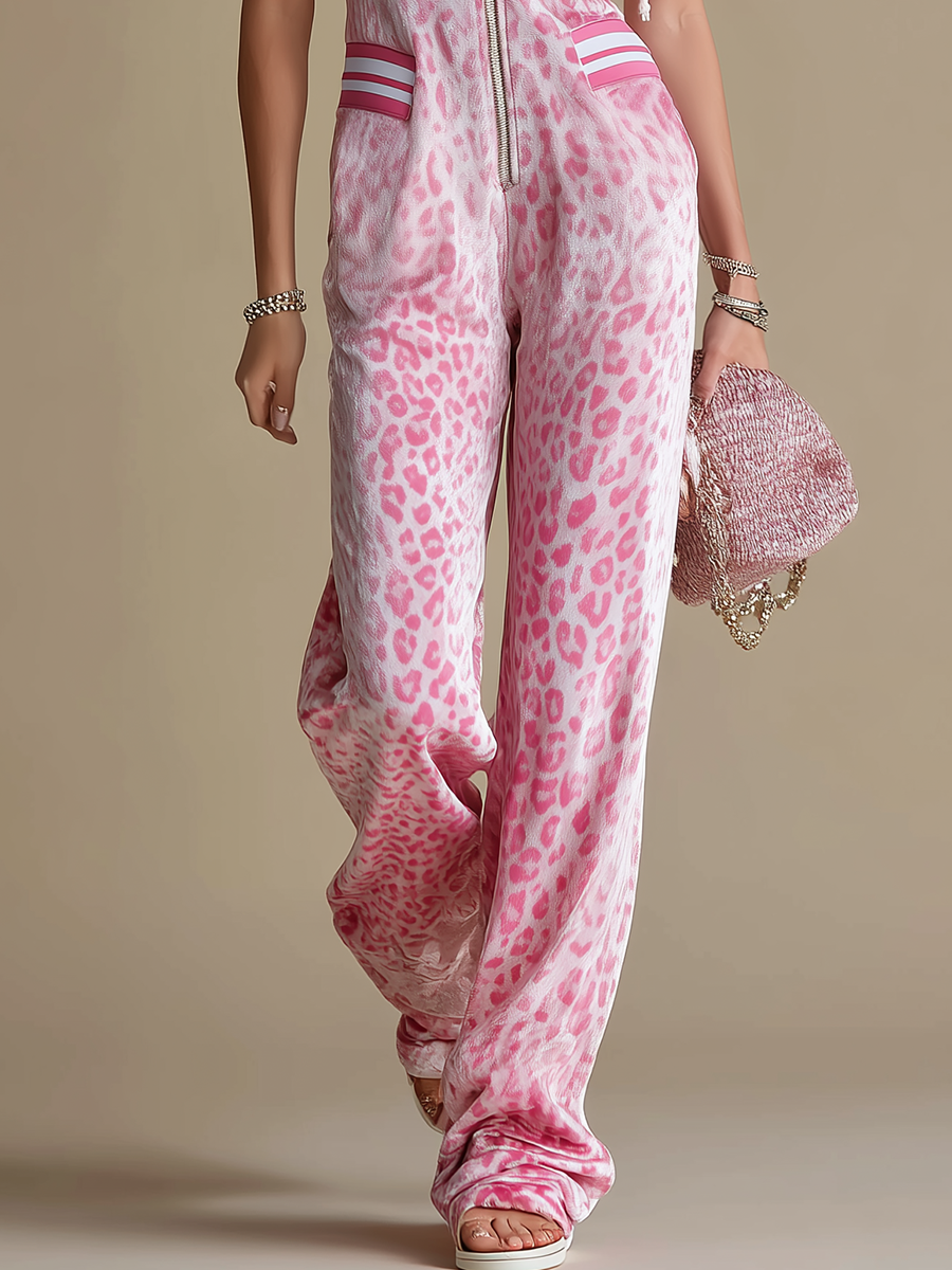 Sporty Casual Leopard Print Velvet Hooded Jumpsuit