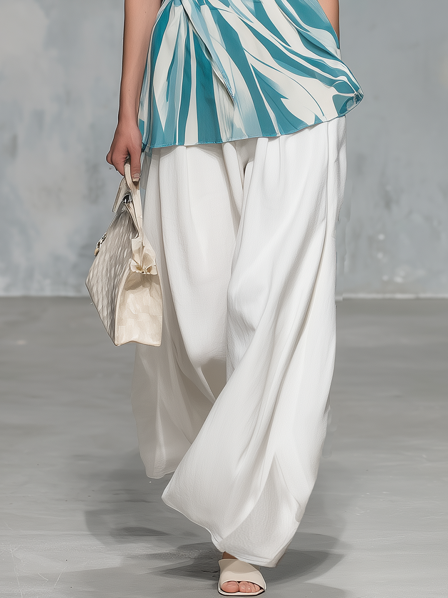 Stylish And Casual Sleeveless V-neck Striped Top And Wide-leg Trousers Set