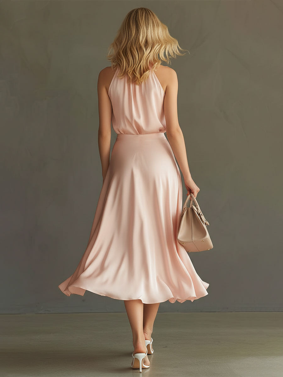 Stylish And Elegant Pink Sleeveless Satin Top And Skirt Set