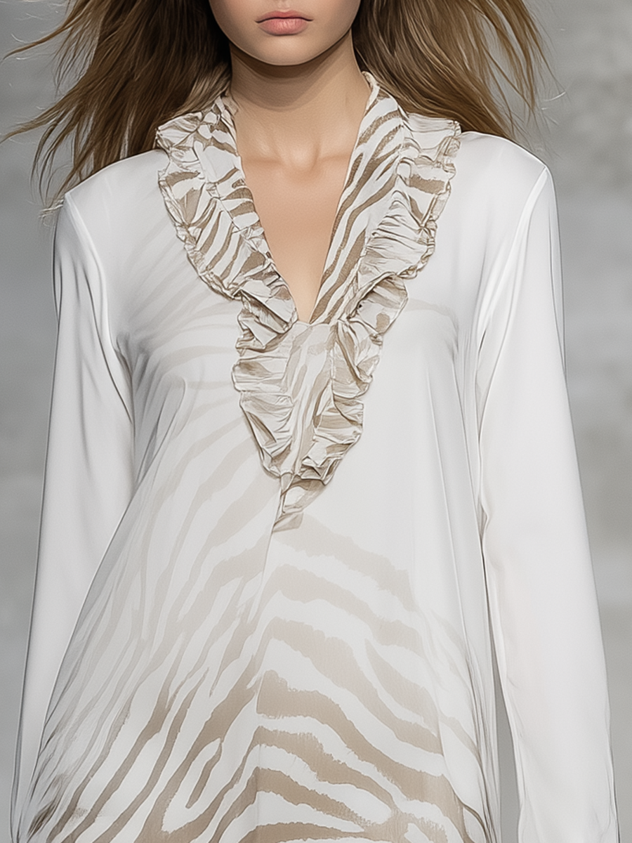 Retro Zebra Print Ruffled V-neck Chiffon Mini Dress