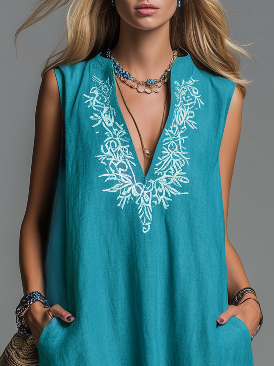 Comfortable And Casual V-neck Embroidered Sleeveless Maxi Dress