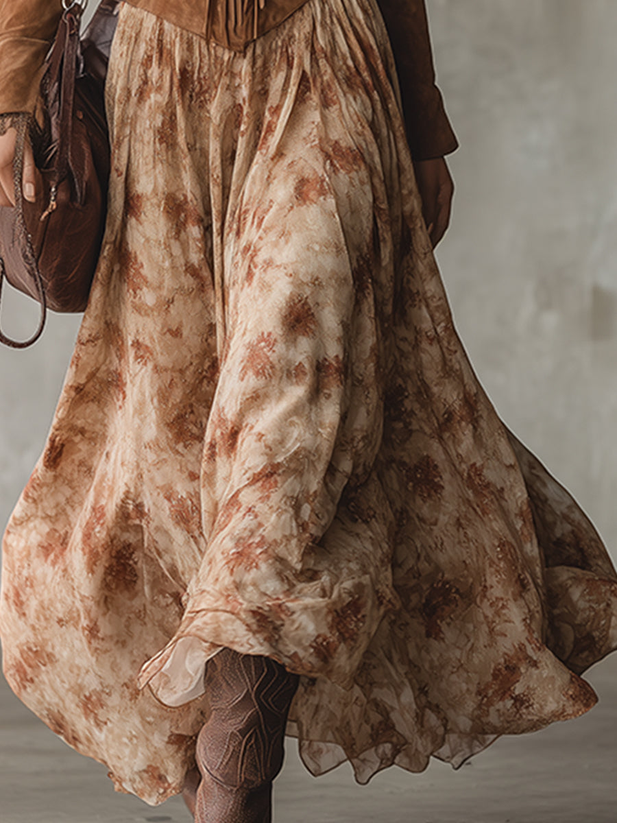 Retro Bohemian Khaki Faux Suede Patchwork Chiffon Printed Maxi Dress