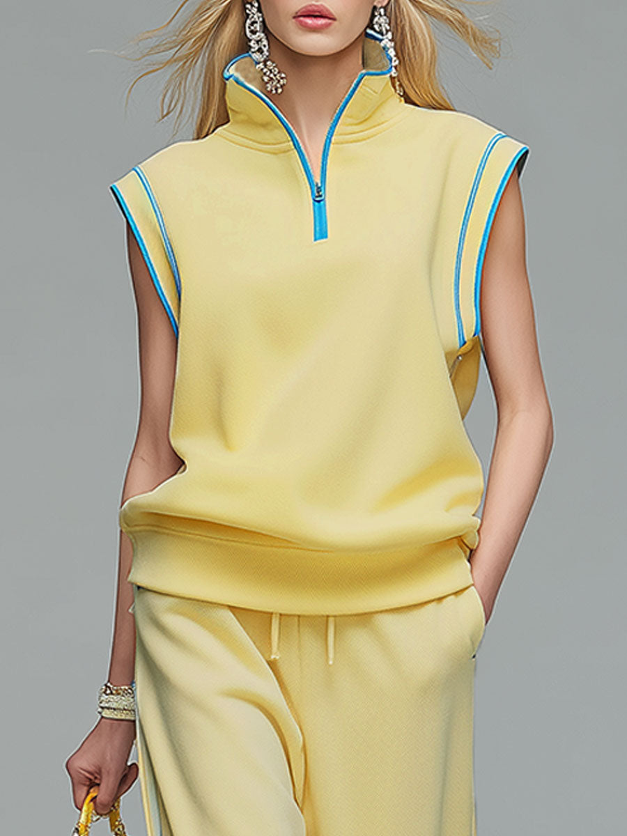 Fashionable Sporty Blue Trim Yellow Stand-up Collar Cotton Blend Top And Pants Set