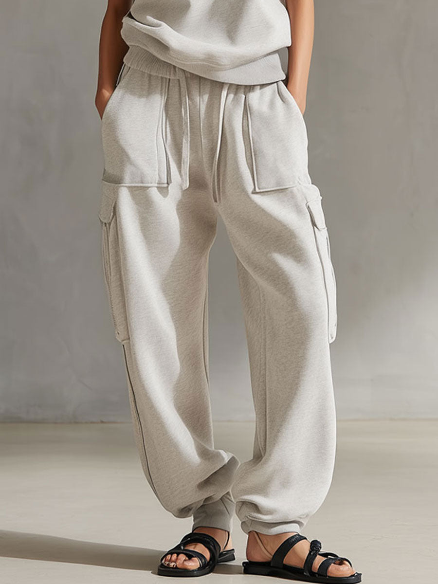 Casual Retro Sporty Gray And White Half-Zip Sleeveless Sweatshirt And Cargo Pants Set