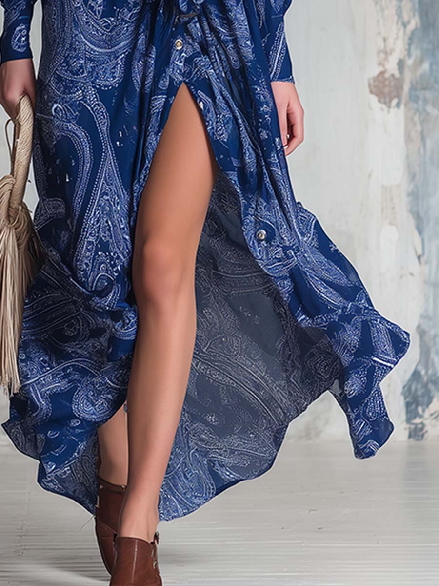 Elegant Bohemian Blue Paisley Print Chiffon Off-the-shoulder Long-sleeved Maxi Dress