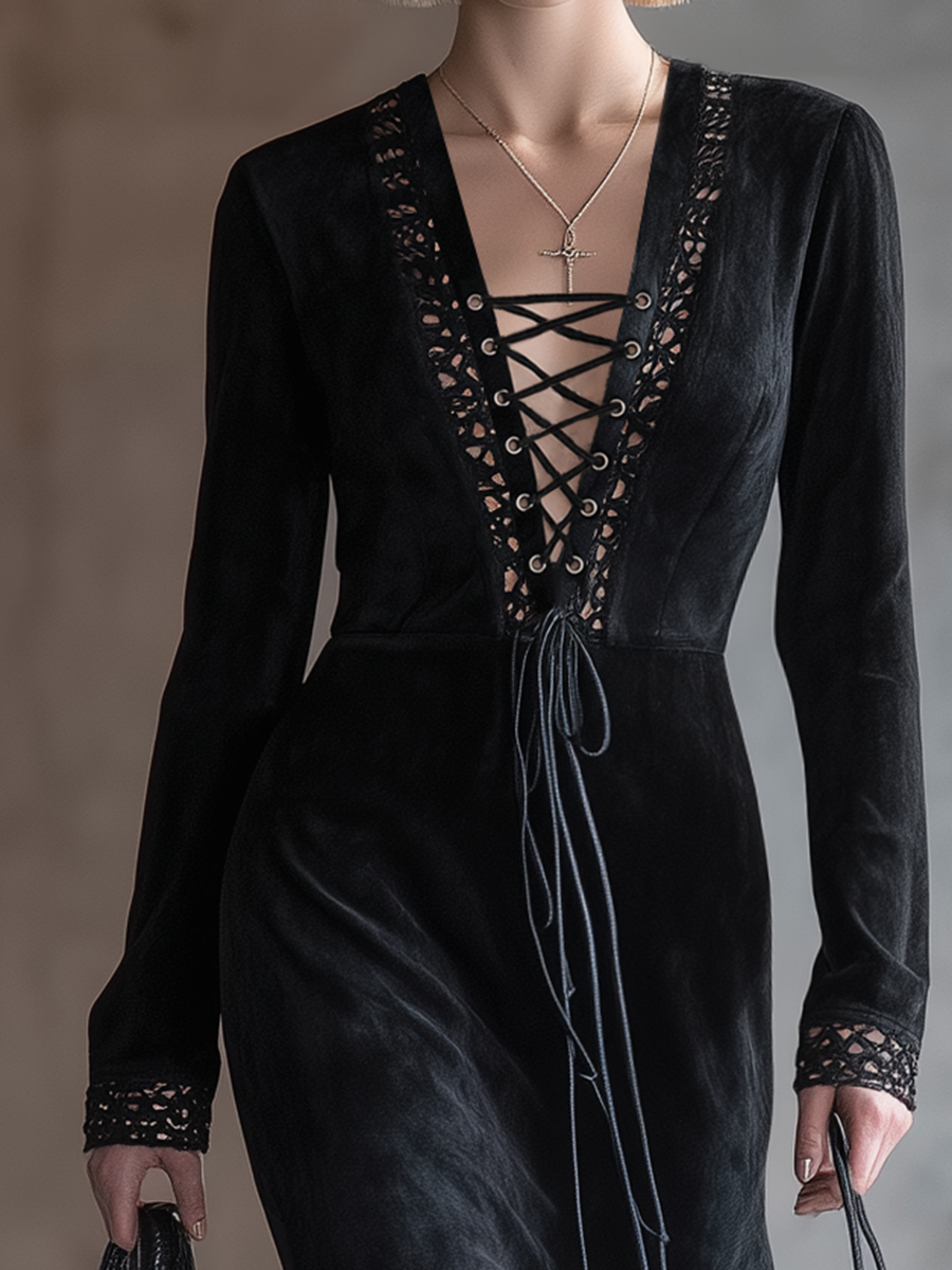 Chic Western-style Lace-up Black Faux Suede Maxi Dress