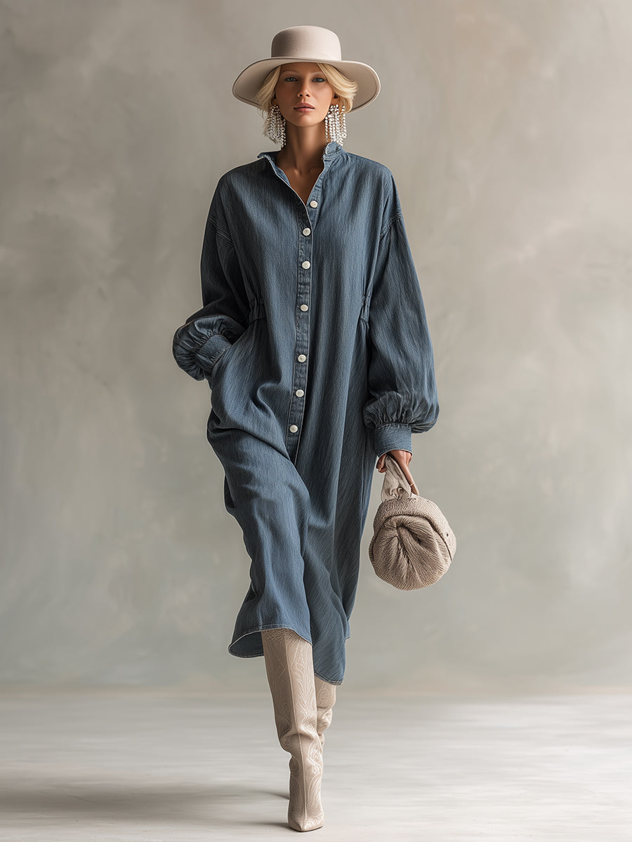 Elegant Silhouette Blue-grey Denim Front Button Midi Dress