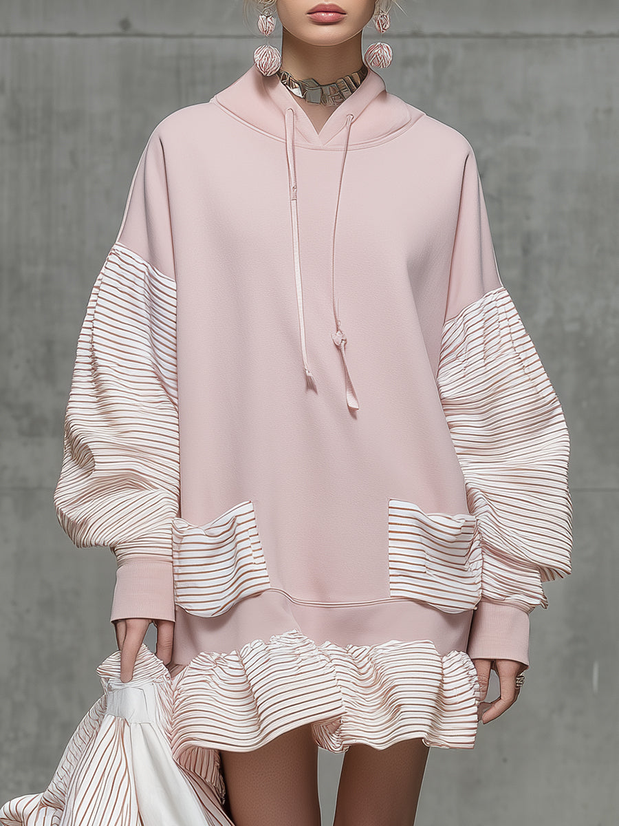 Casual Straight-cut Pink Mini Dress With Striped Paneling.