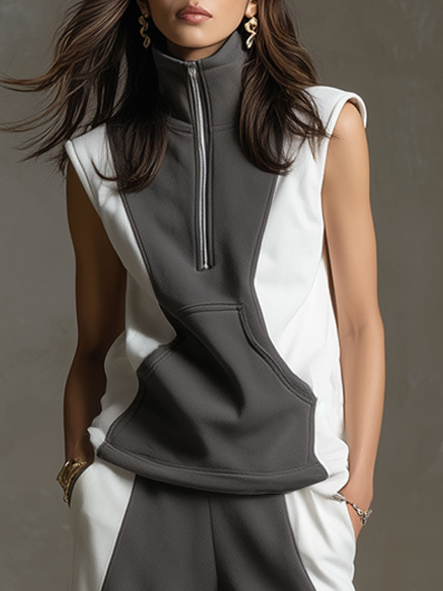 Retro Gray And White Sleeveless Sweatshirt And Wide-leg Pants Set