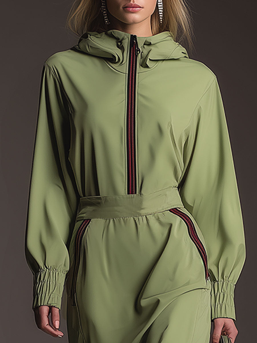 Casual Sporty Hooded Green Cotton Midi Dress