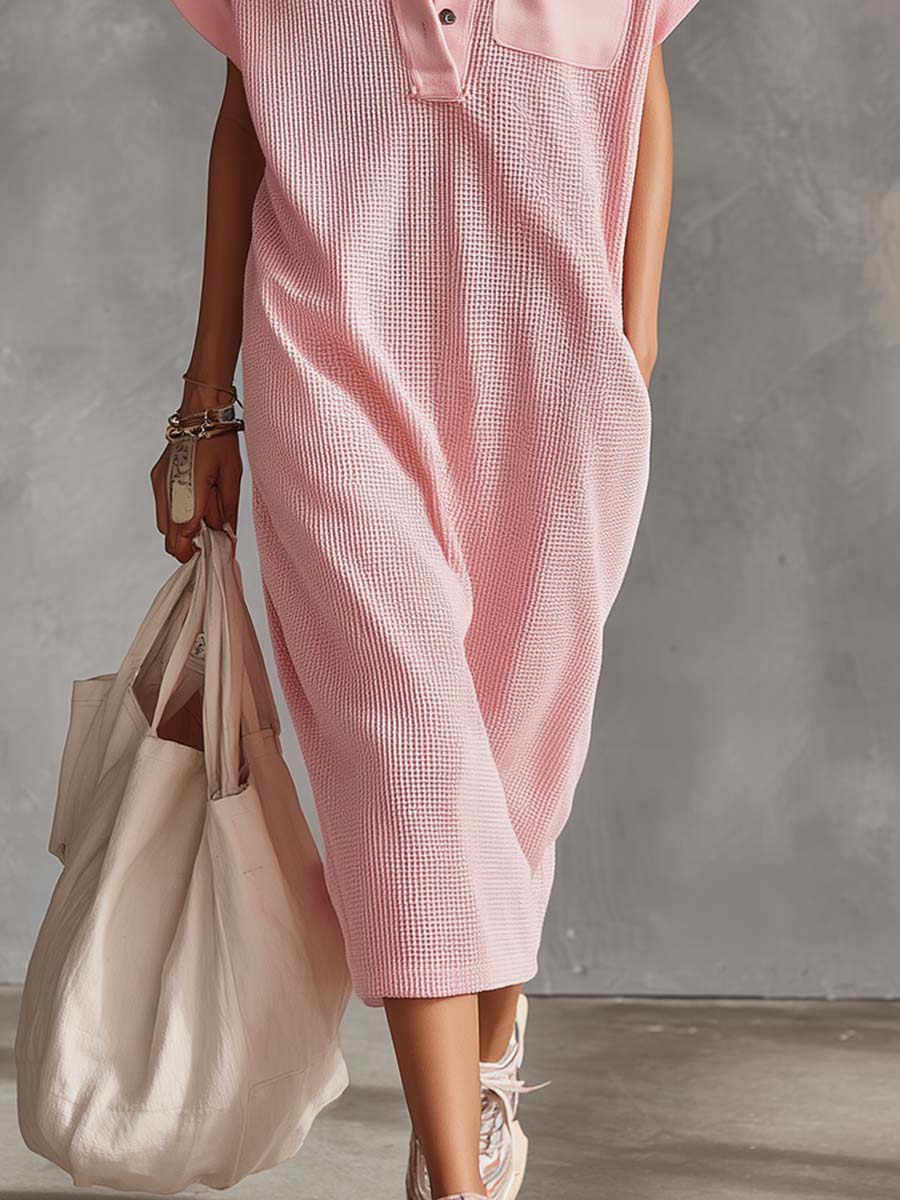 Retro Casual Lapel Front-Button Short Sleeve Pink Waffle-Knit Midi Dress