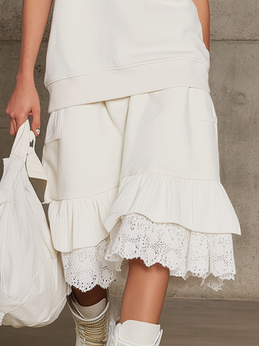 Sporty Retro White Sleeveless Sweatshirt With Lace Ruffled Skirt Set