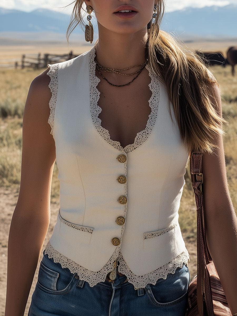 Western-style Retro Lace-trimmed White Faux Suede Sleeveless Vest