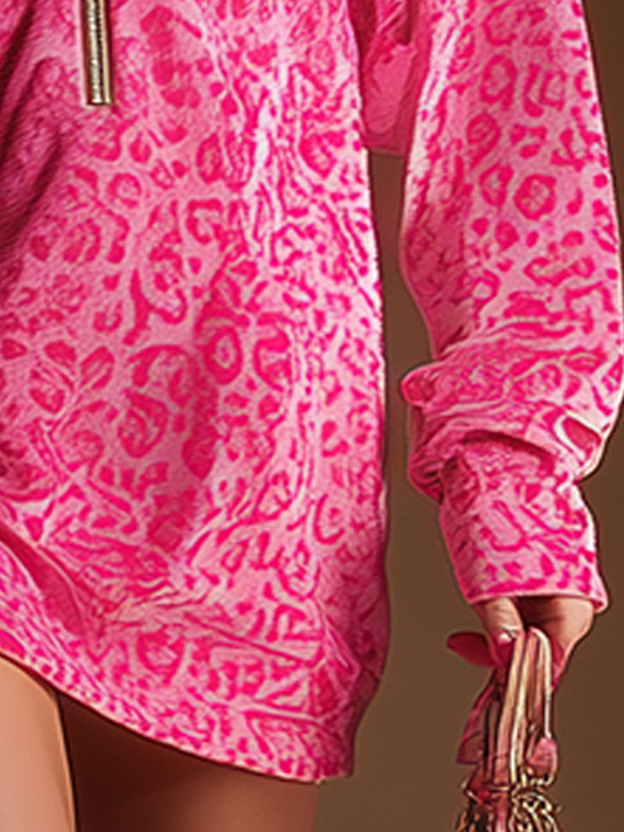 Fashionable Retro Casual Pink Leopard Print Hooded Half-zip Velvet Mini Dress