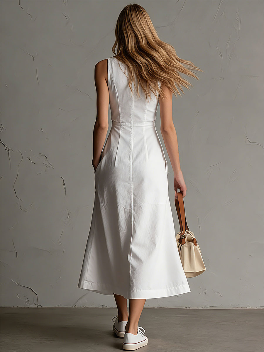 Casual Retro Style Button-down White V-neck Sleeveless Cotton Midi Dress