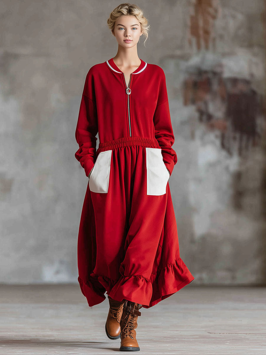 Loose-fitting Sporty Style Double-pocket Zip-up Long-sleeved Midi Dress