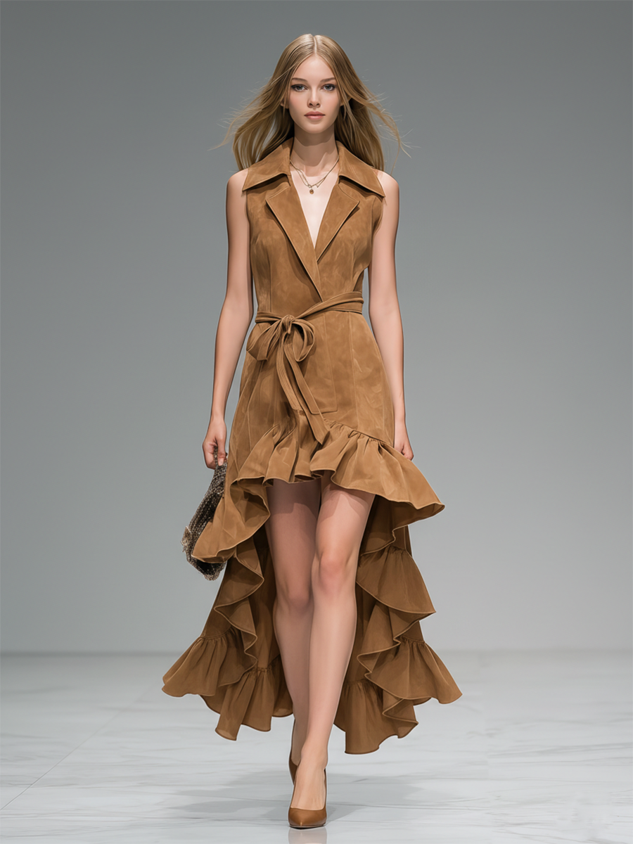 Fashionable Retro-style Collared Ruffled Sleeveless Faux Suede Maxi Dress