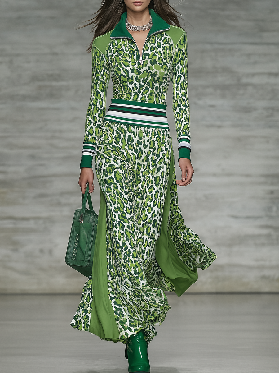 Sporty Retro Zip-up Collar Patchwork Leopard Print Midi Dress
