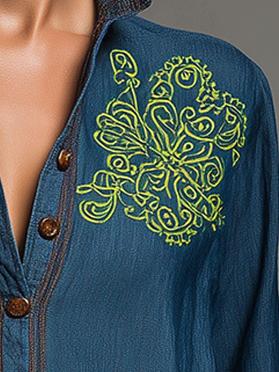 Western Retro Embroidered Blue Denim Shirt