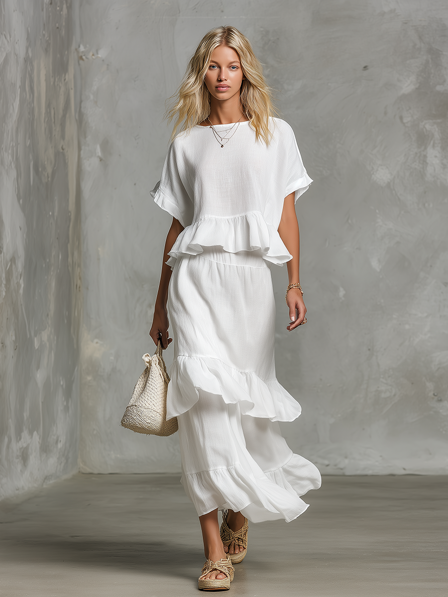 Retro High-quality Elegant Solid-color Sleeveless Top And Ruffle Skirt Set