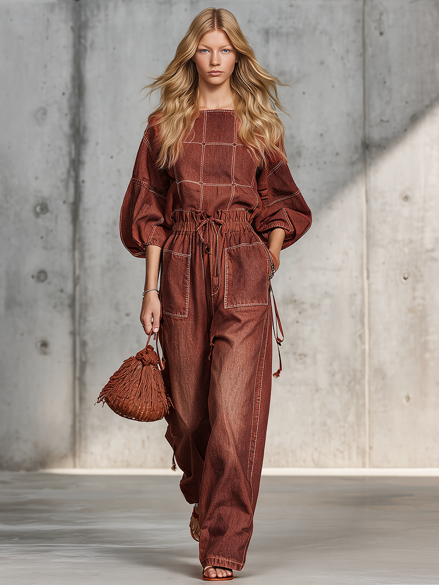 Retro Puff-sleeve Elastic-waist Wide-leg Denim Jumpsuit