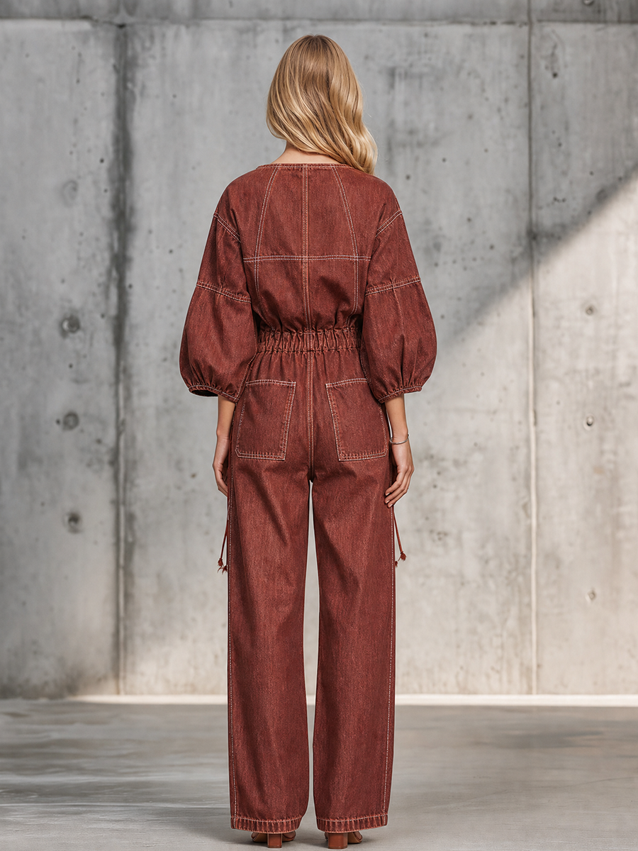 Retro Puff-sleeve Elastic-waist Wide-leg Denim Jumpsuit