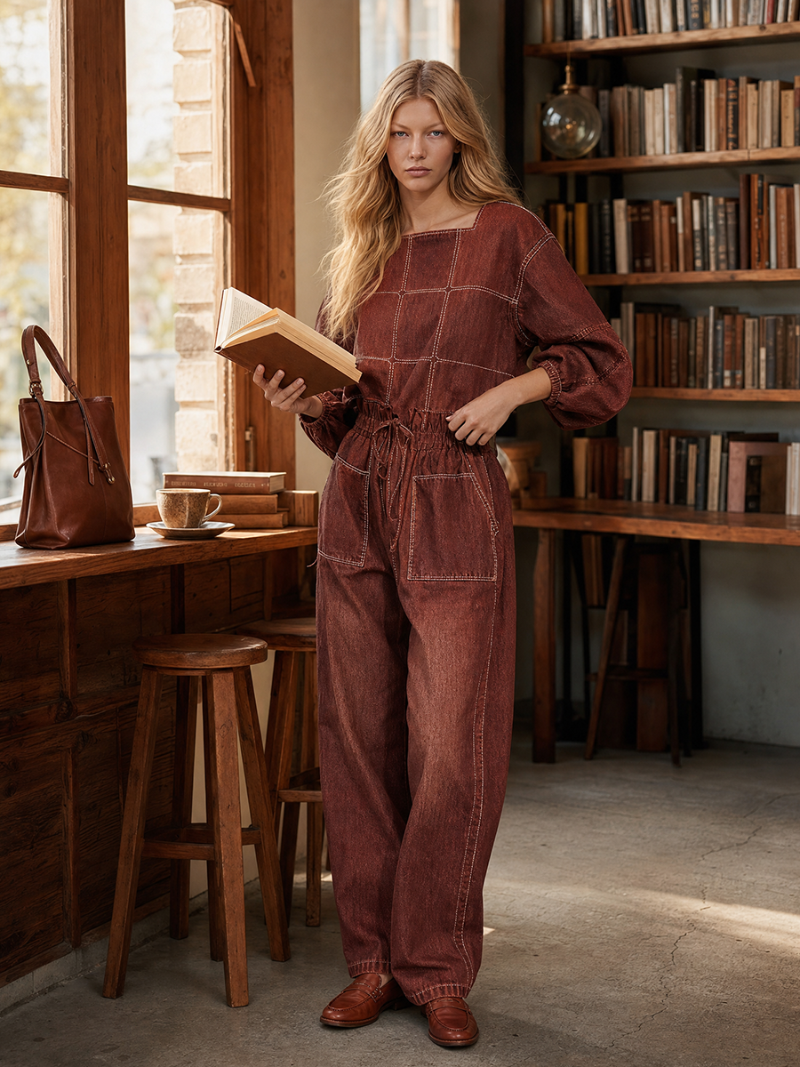 Retro Puff-sleeve Elastic-waist Wide-leg Denim Jumpsuit