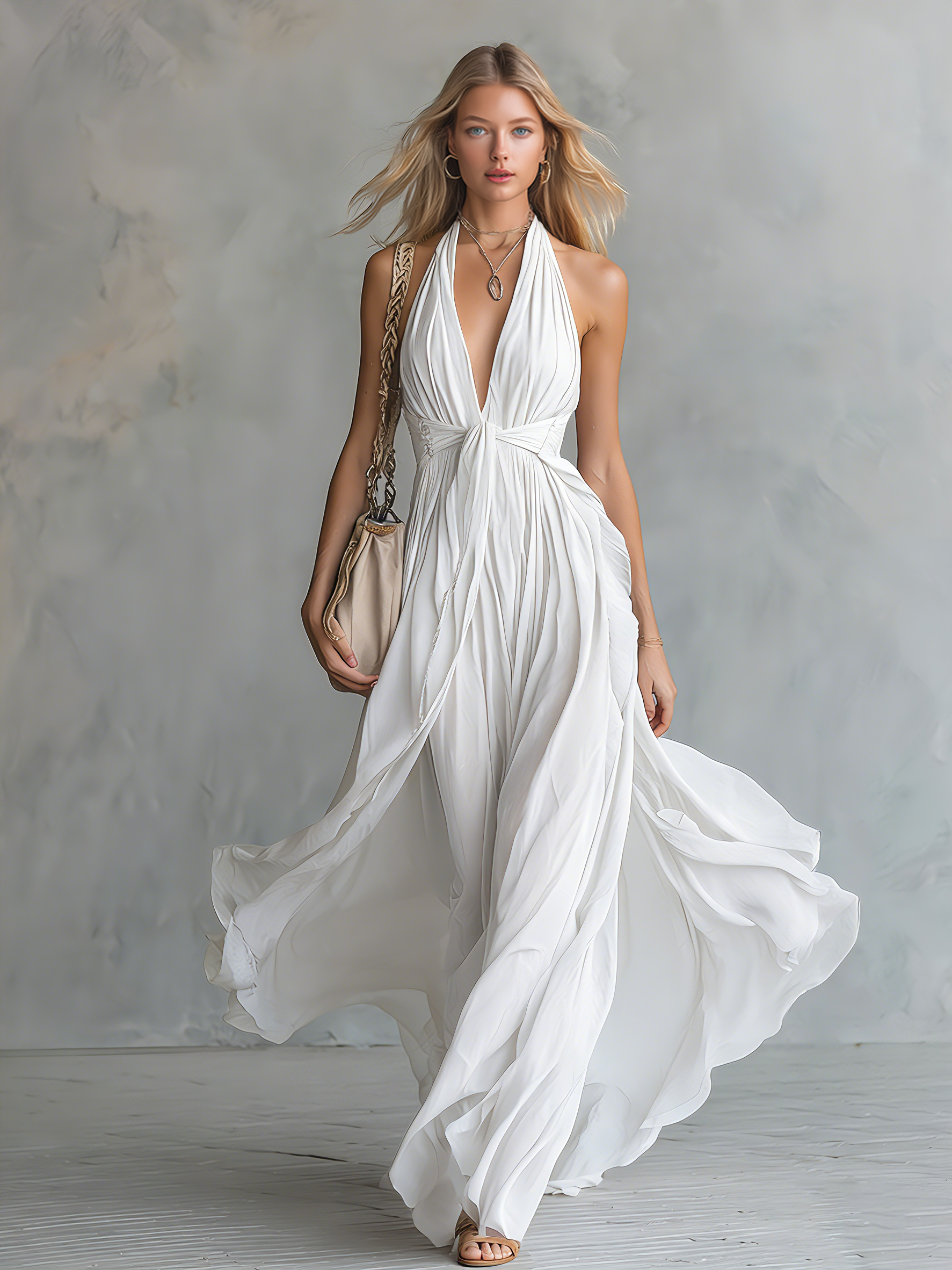 Elegant And Stylish Halter Neck V-neck Sleeveless Chiffon Maxi Dress