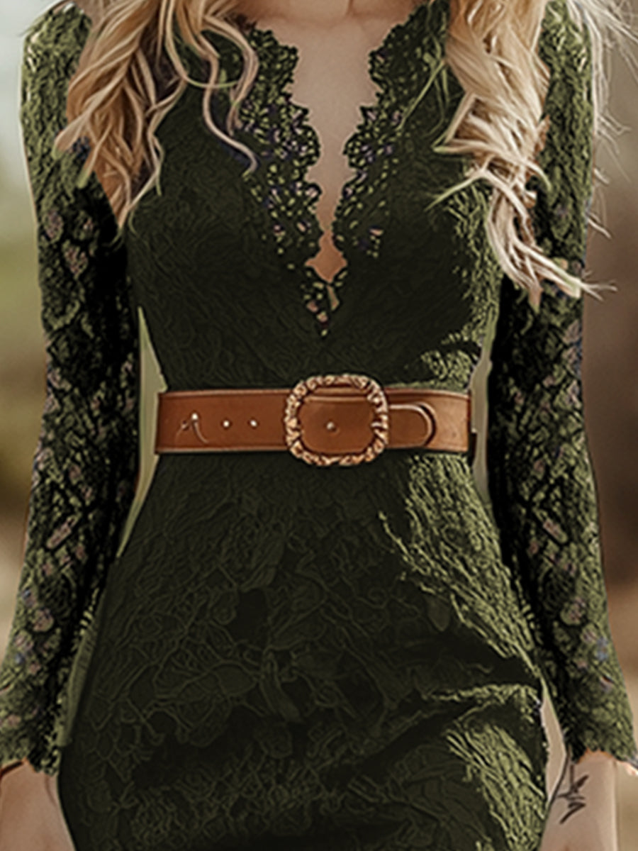 Vintage Bohemian Blue Lace Long Sleeve Midi Dress