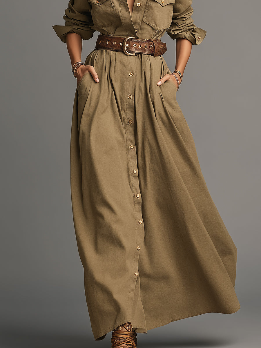 Casual Retro Button-front Khaki Maxi Dress