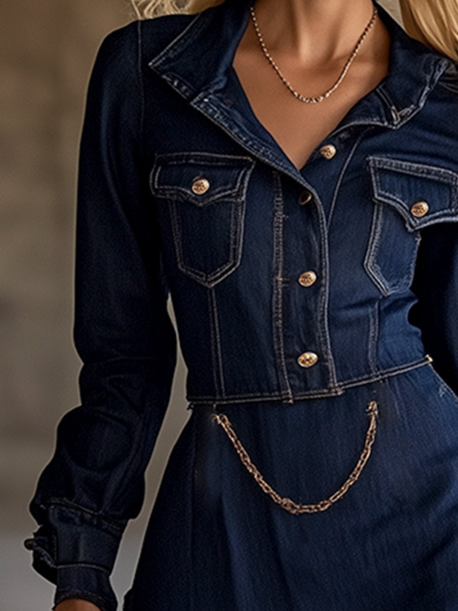 Elegant Dark Blue Denim Ruffled Collar Midi Dress