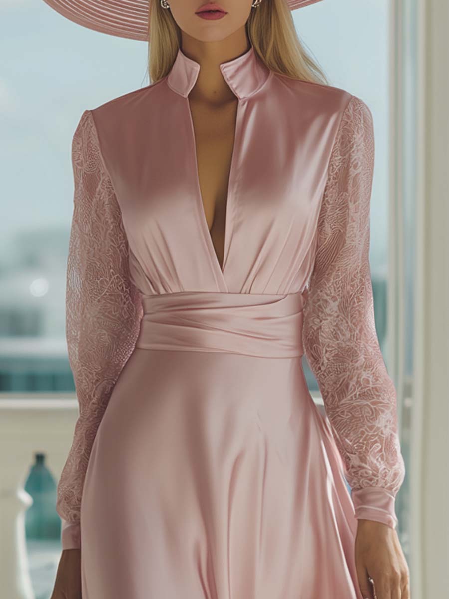Elegant Retro V-neck Lace Long-sleeved Light Pink Satin Maxi Dress