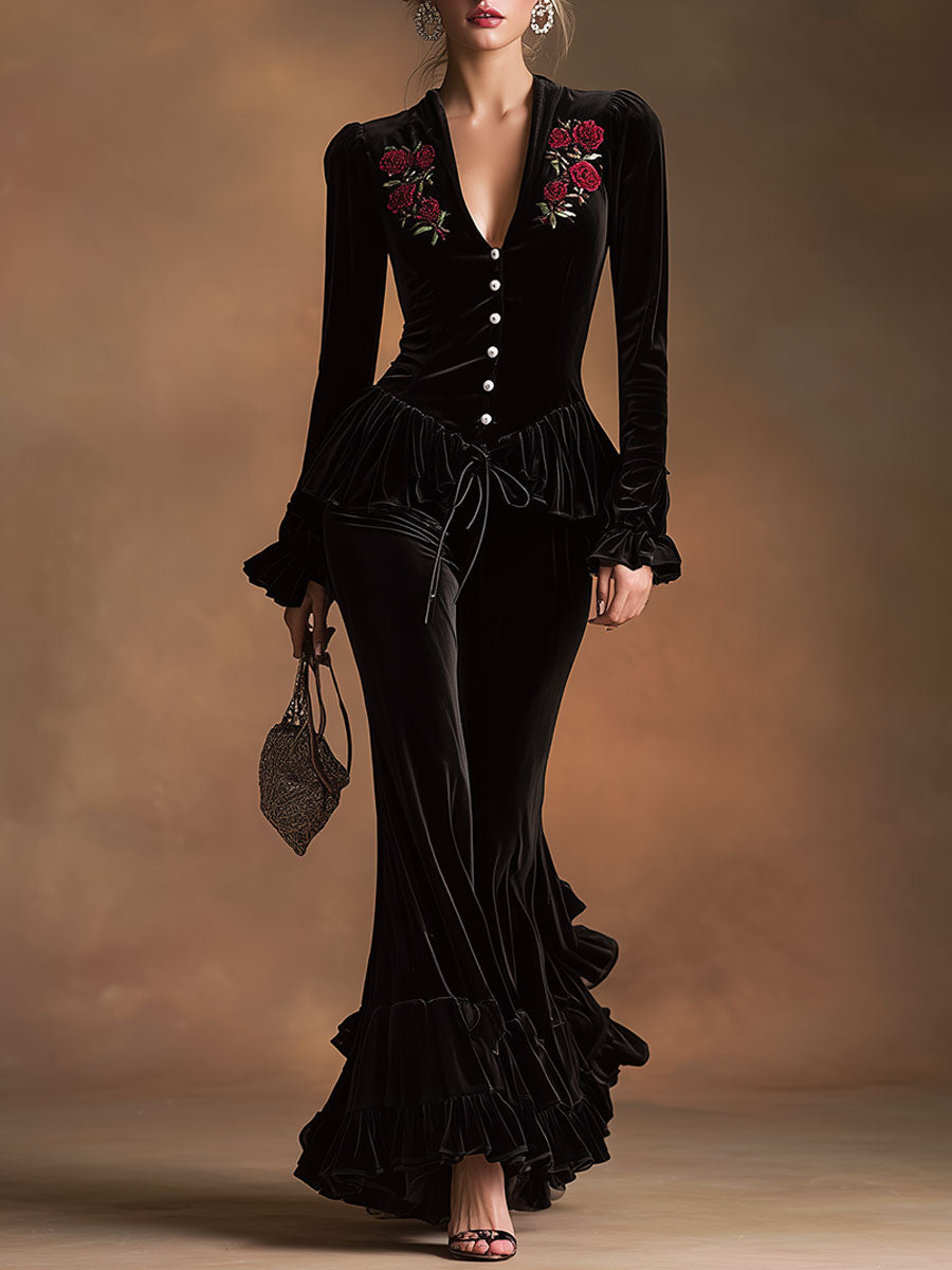 An Elegant, Vintage-style Embroidered Black Velvet Shirt And Ruffled Trousers Set