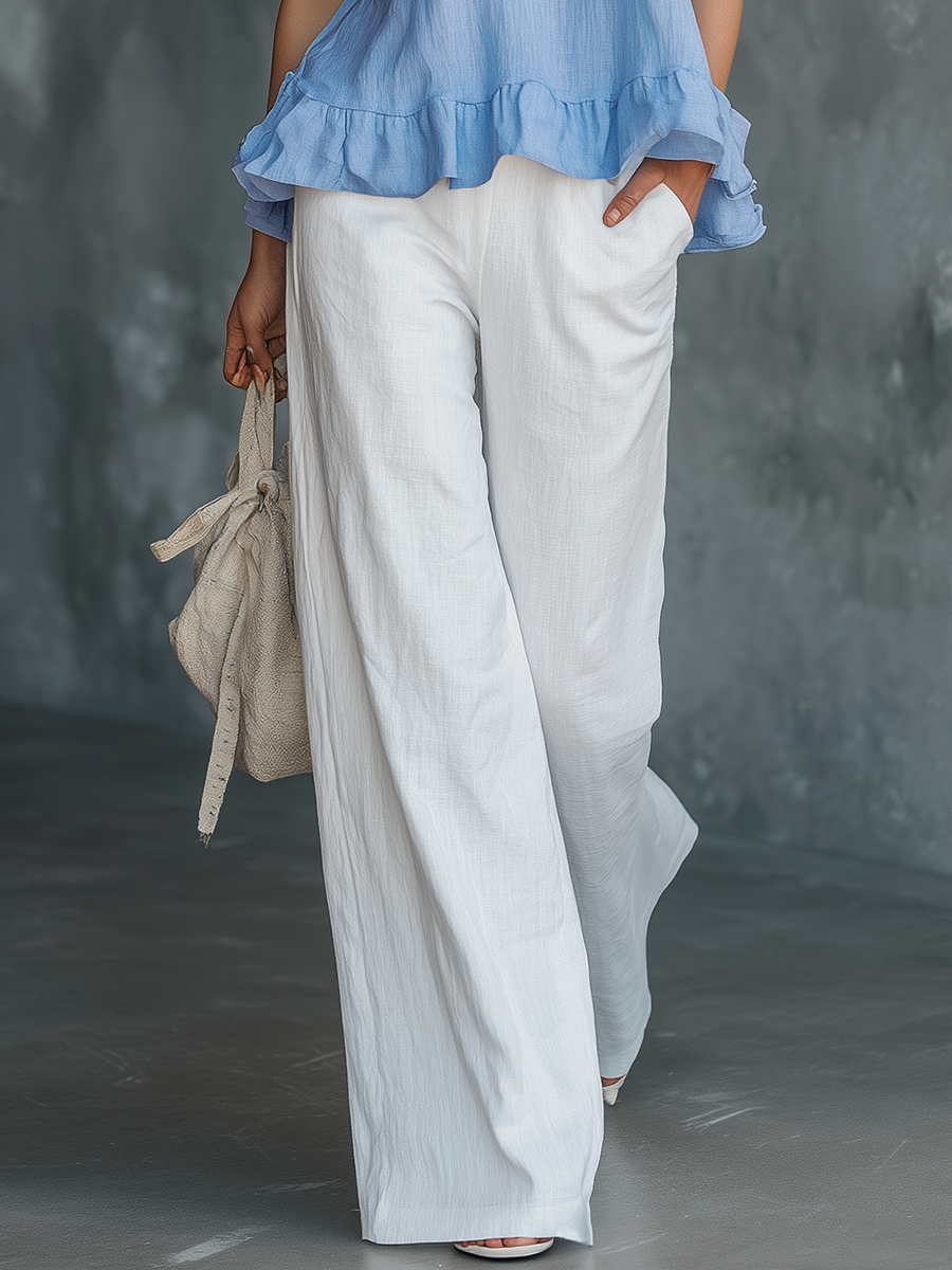 Elegant Vintage V-neck T-shirt With Ruffled Sleeves And Flared Pants Set