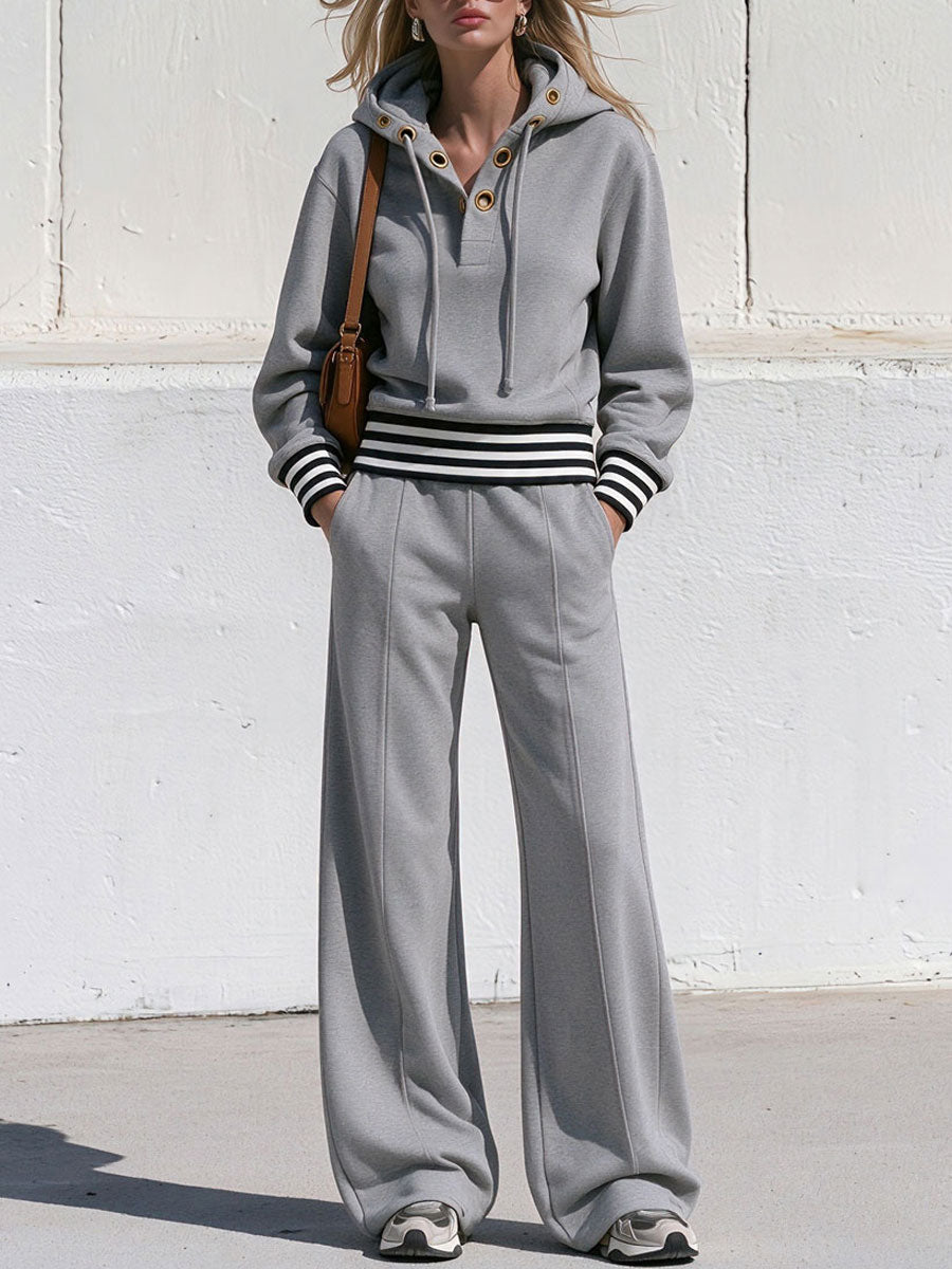 Retro Sporty Grey Cotton Eyelet Hoodie And Pants Set