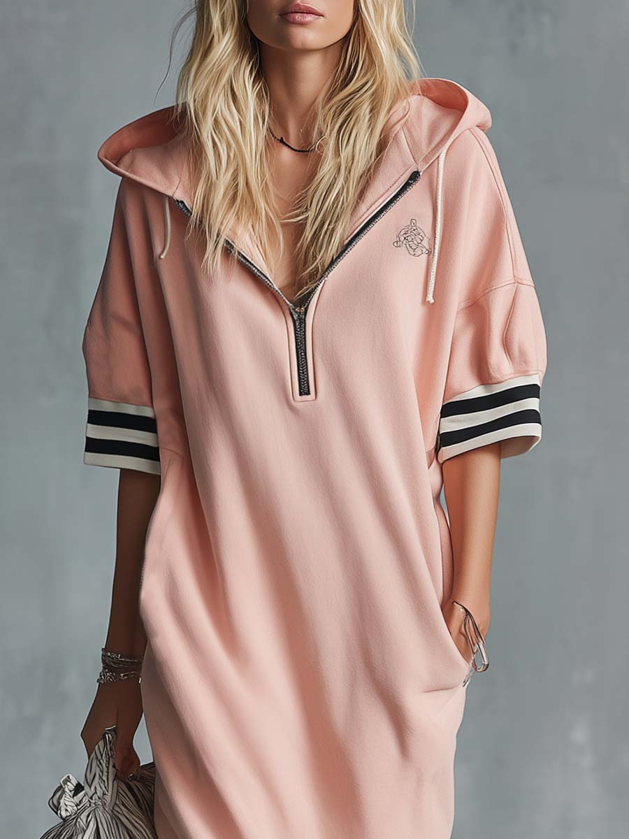 Casual Fashion Sporty Hooded Front Zipper Short-sleeved Cherry Blossom Pink Cotton Midi Dress