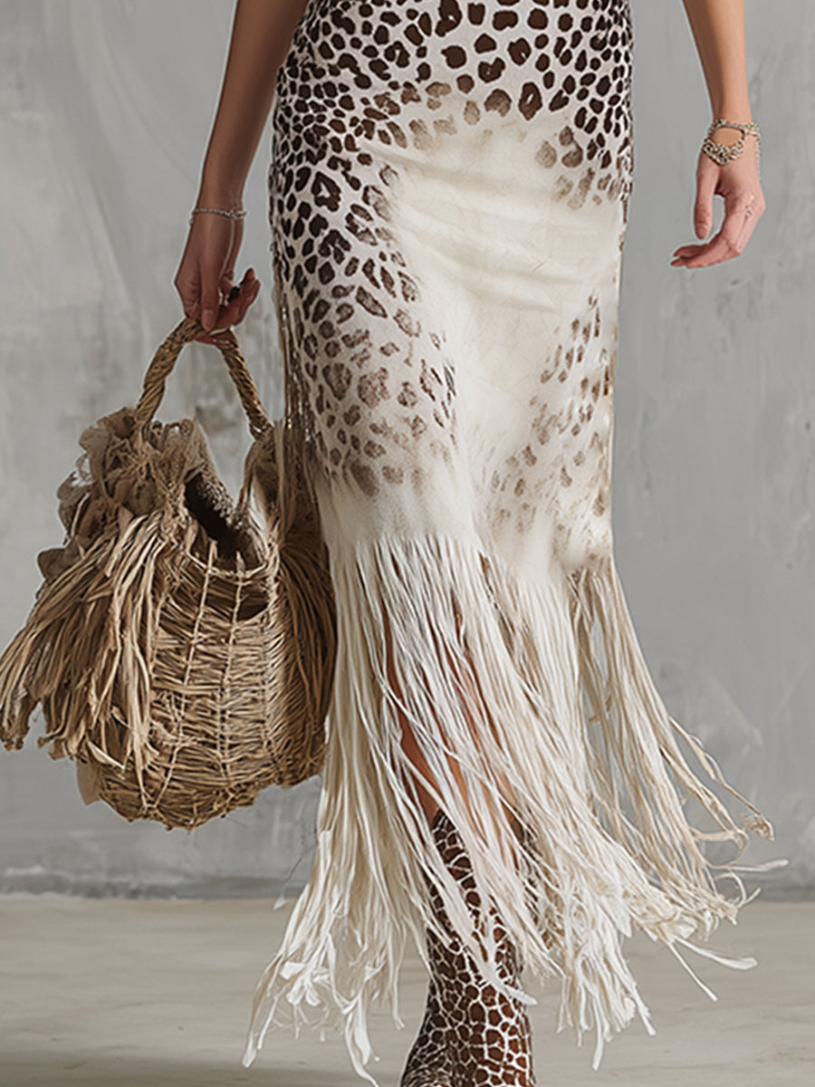 Retro Western Style Off-white Leopard Print Fringed Sleeveless Maxi Dress