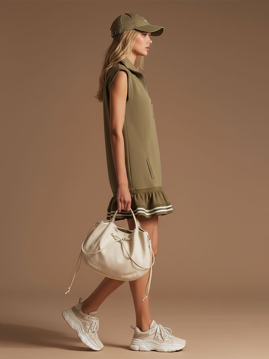 Fashionable Sporty Ribbed Olive Green Sleeveless Mini Dress