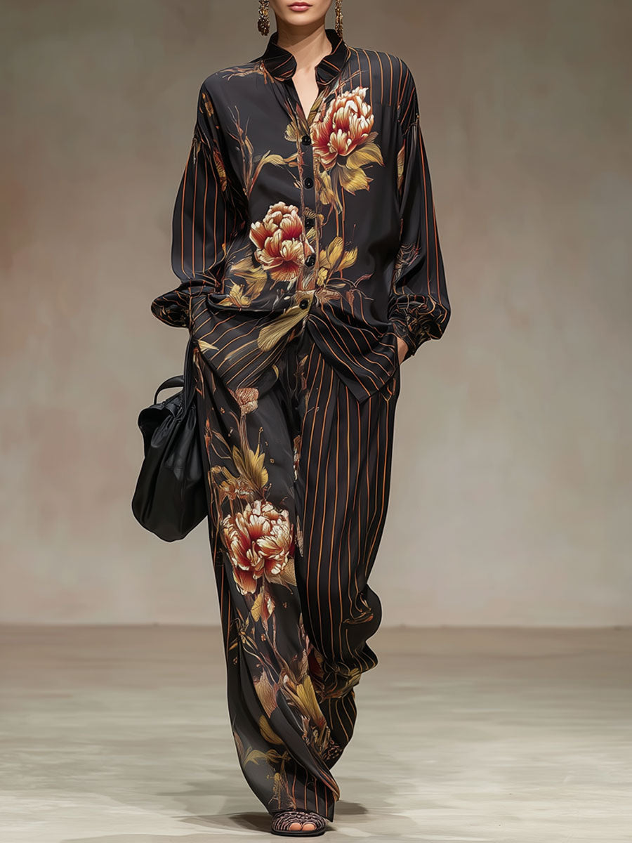 Retro Striped Peony Print Black Chiffon Long-sleeved Shirt And Wide-leg Pants Set
