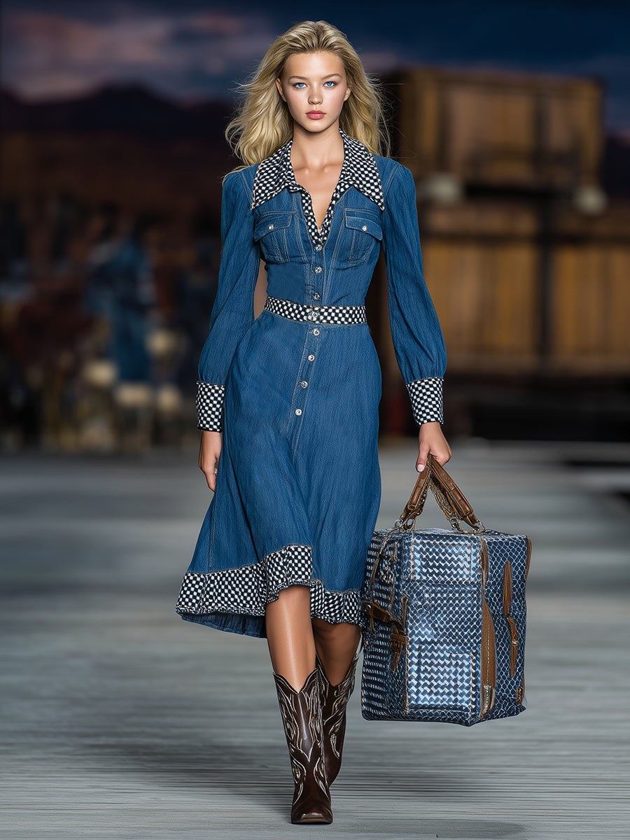 Western Blue Denim Patchwork Black And White Checkered Button Midi Dress