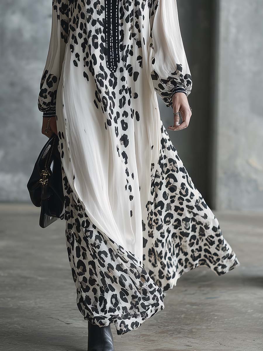 Retro Fashion Flowing V-neck Black Leopard Print White Chiffon Maxi Dress