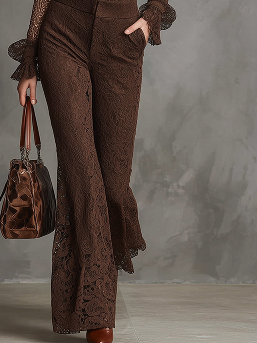 Elegant And Sophisticated Brown Lace Front-zip Shirt And Flared Pants Set